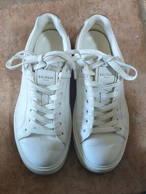 Balmain White & Gold Leather B-Court Low-Top Sneakers